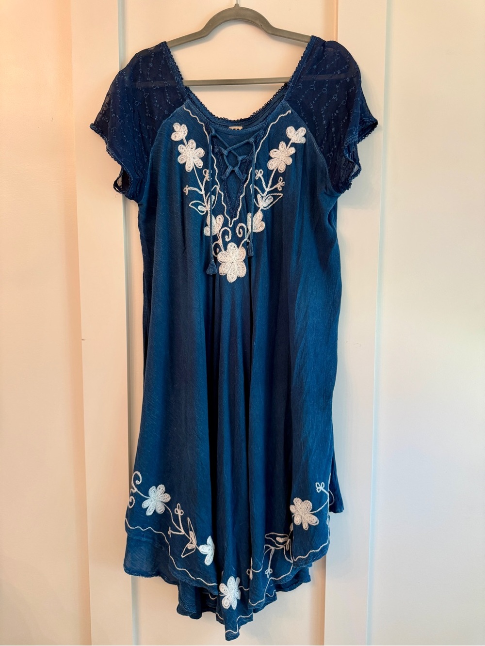 Navy Embroidered Swing Dress with Floral Detail - Picture 2 of 2